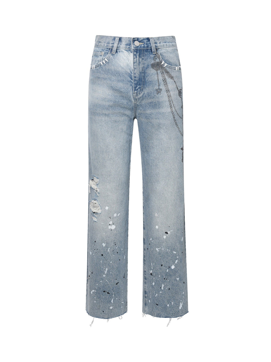 BIRTH OF ROYAL CHILD CHAIN INK PRINT DETAILED PATCH JEANS