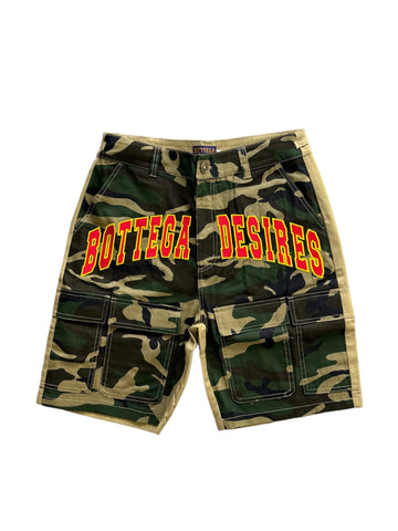 BOTTEGA DESIRES CAMO CARGO SHORTS