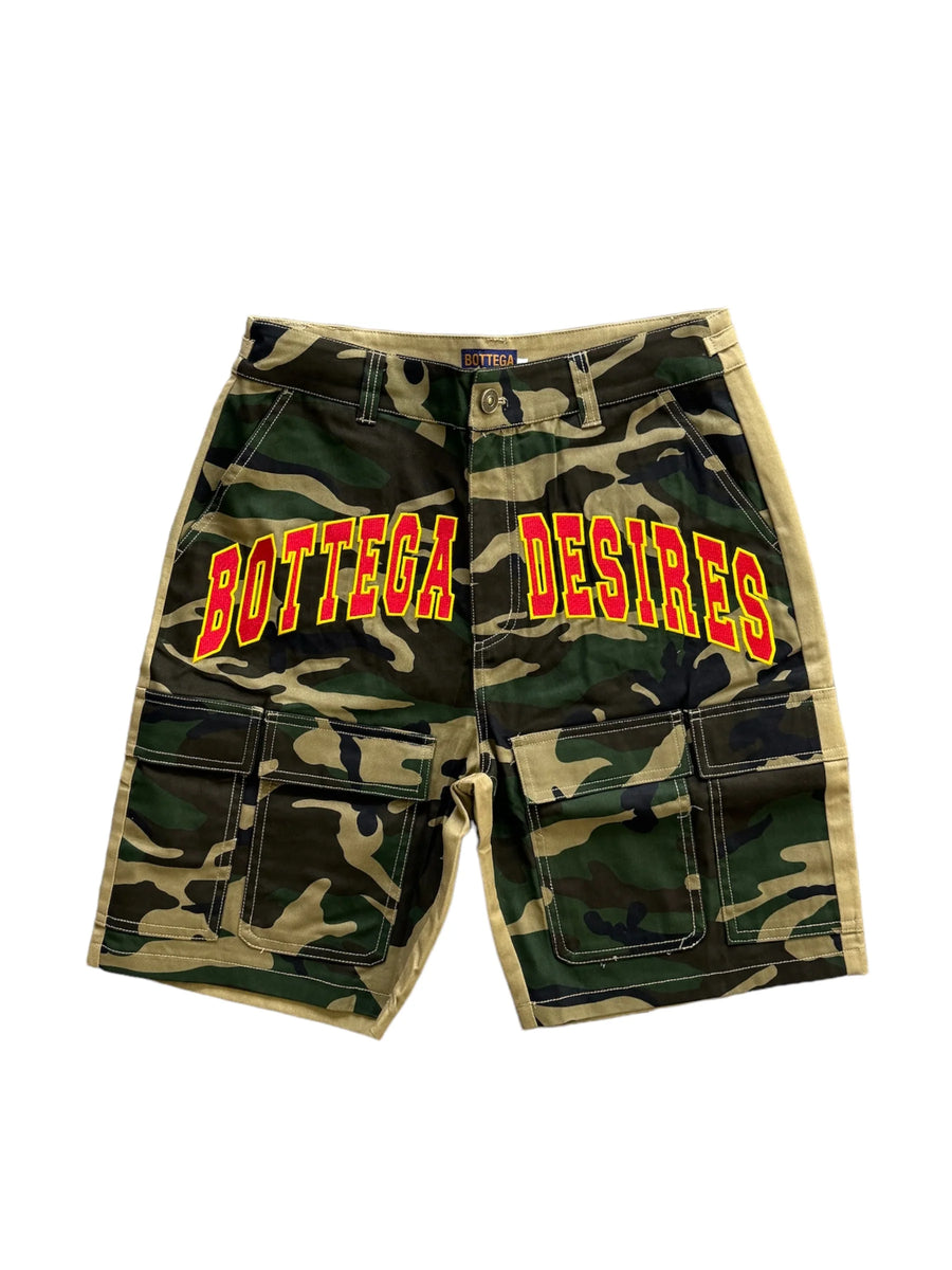 BOTTEGA DESIRES CAMO CARGO SHORTS