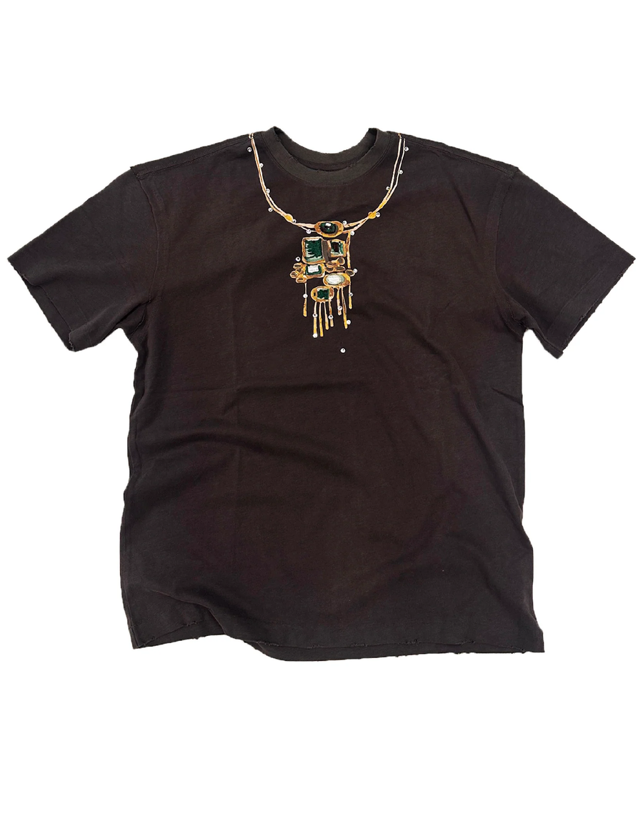 BIRTH OF ROYAL CHILD GEMSTONE NECKLACE PRINT TEE IN DARK GREY