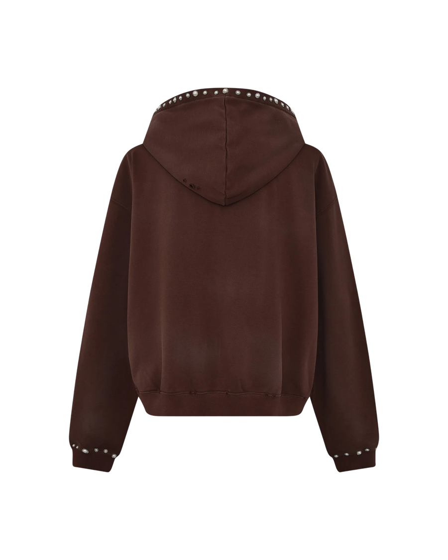 BIRTH OF ROYAL CHILD PEARL STUDDED BOXY ZIP HOODIE IN BROWN