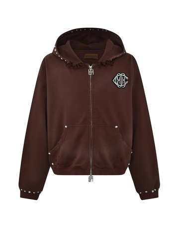 BIRTH OF ROYAL CHILD PEARL STUDDED BOXY ZIP HOODIE IN BROWN